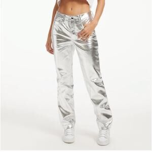 Good American Good Icon Silver Metallic Faux Leather Pants Sz 14 32